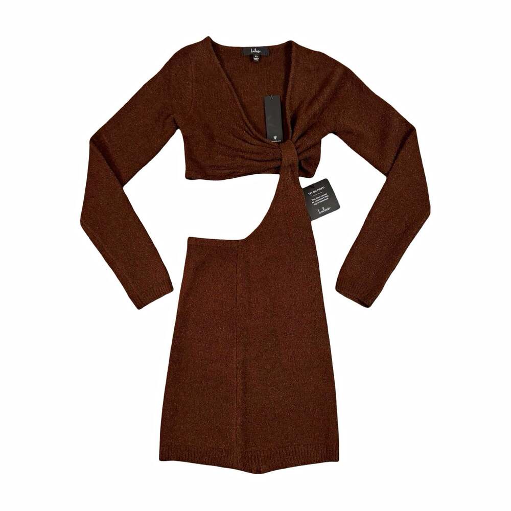 Lulus Brown Knit 2-Piece Set Tie-Front Crop Sweater Skirt XS Bow